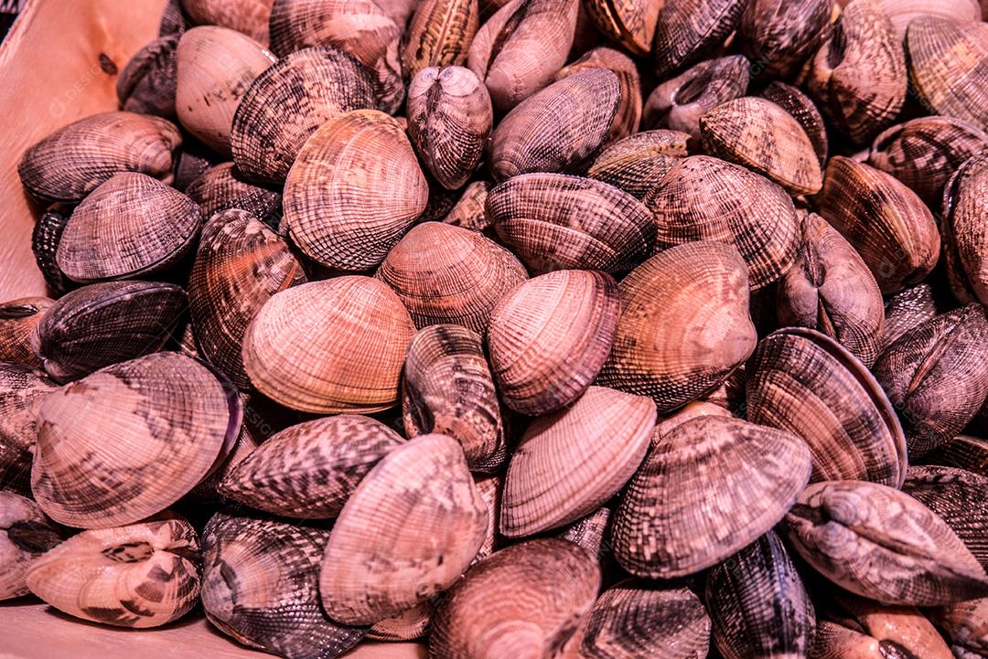 Quadro completo de berbigão em um mercado de frutos do mar.