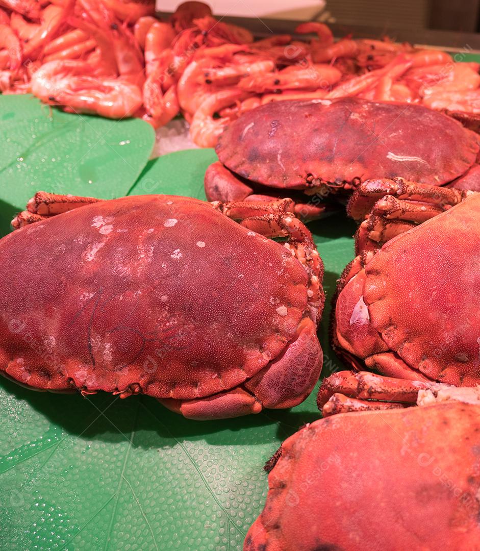 Caranguejos vermelhos grandes e frescos no mercado.