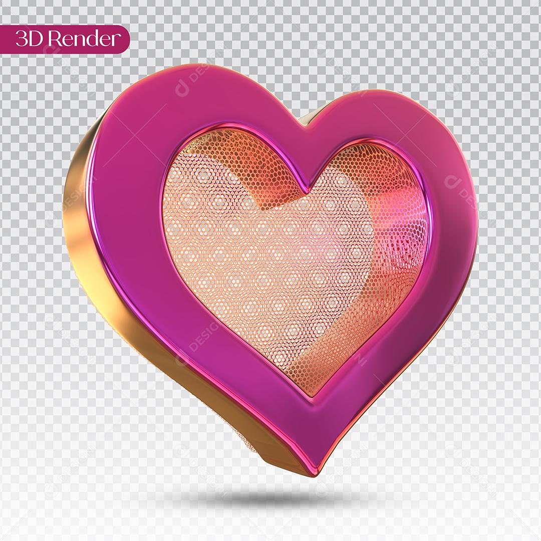 Elemento 3D Coração com Textura Grade Dourado Elemento Para Composição PSD