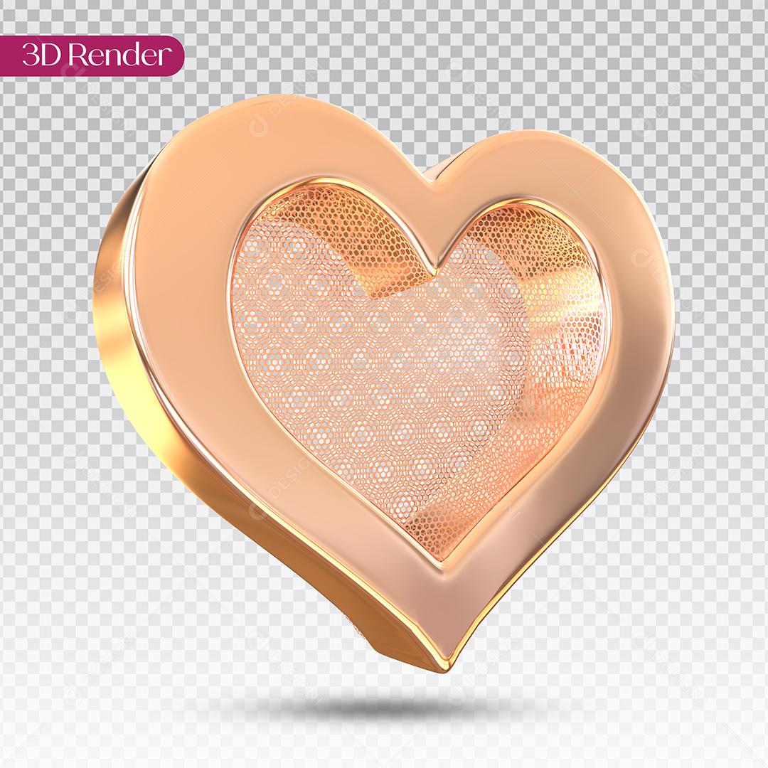 Elemento 3D Coração com Textura Grade Dourado Elemento Para Composição PSD
