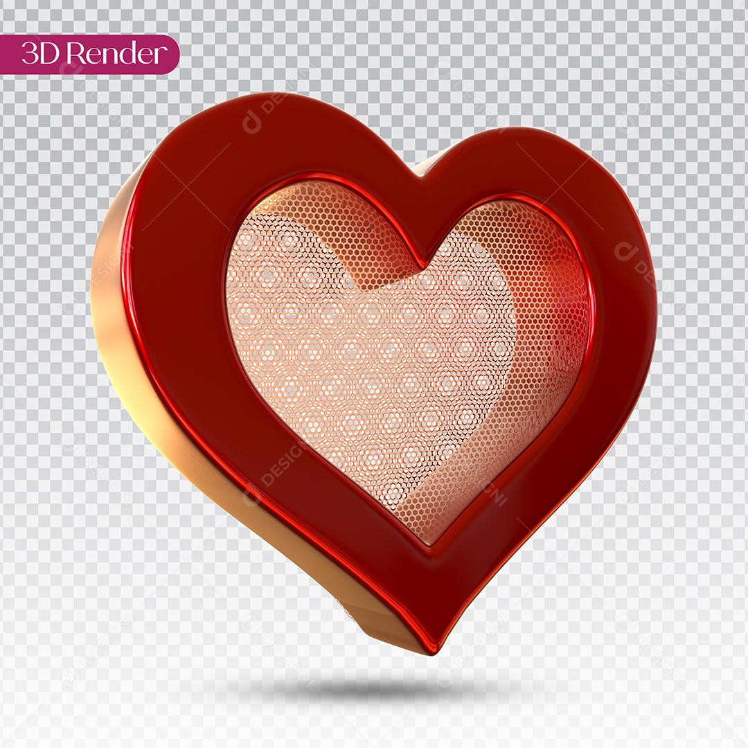 Elemento 3D Coração com Textura Grade Dourado Elemento Para Composição PSD