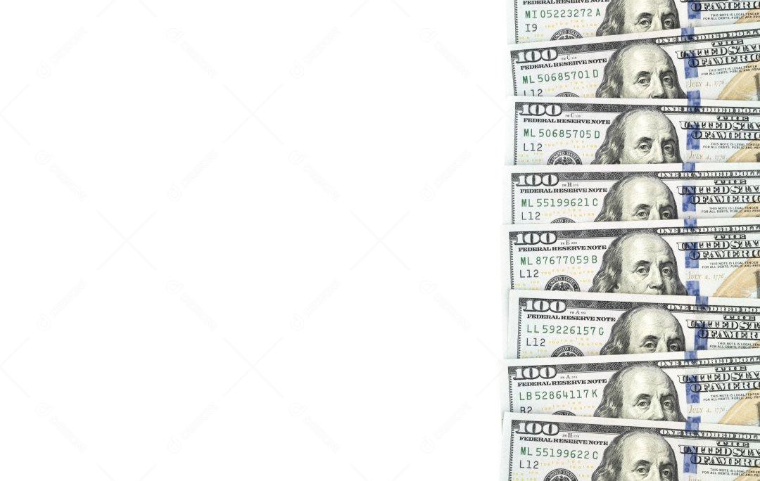 Várias notas de dolar em fundo branco
