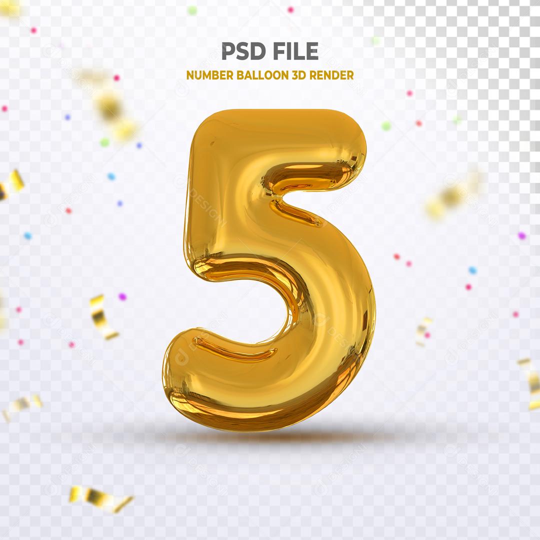 Número 5 Dourado Elemento 3D Para Composição PSD