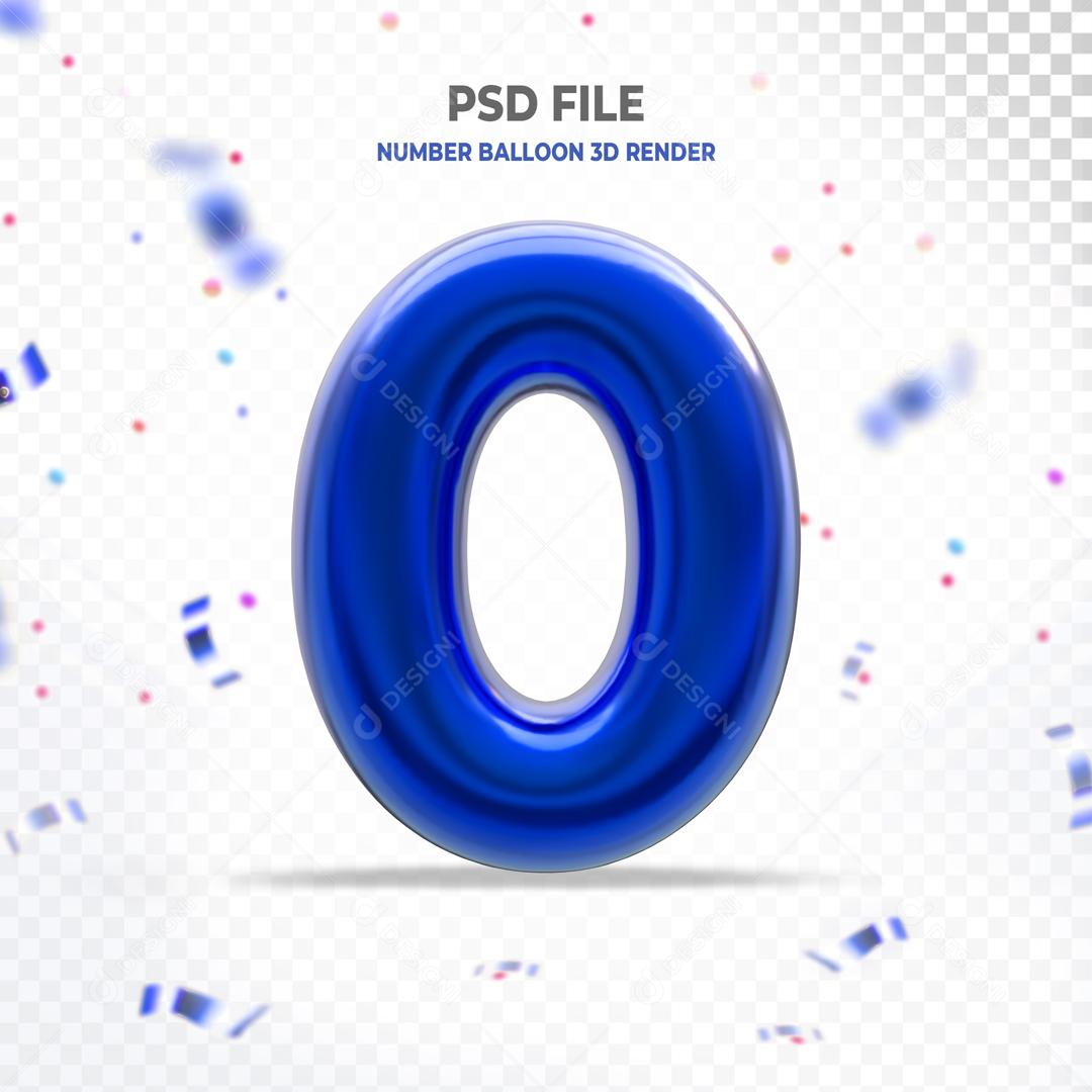 Número 3D 0 Azul Para Composição PSD