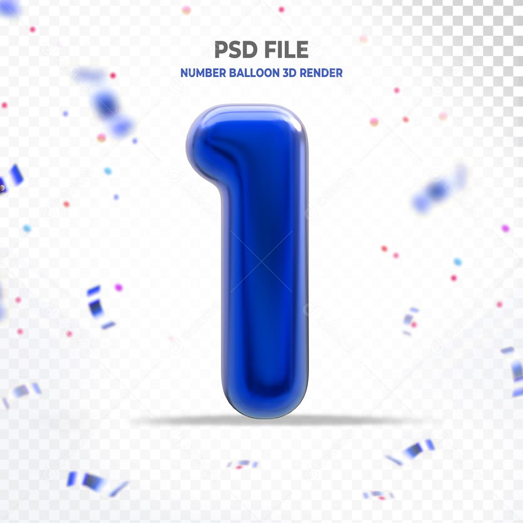 Número 3D 1 Azul Para Composição PSD