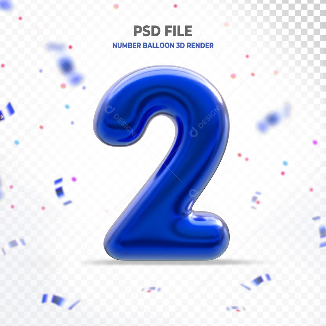 Número 3D 2 Azul Para Composição PSD