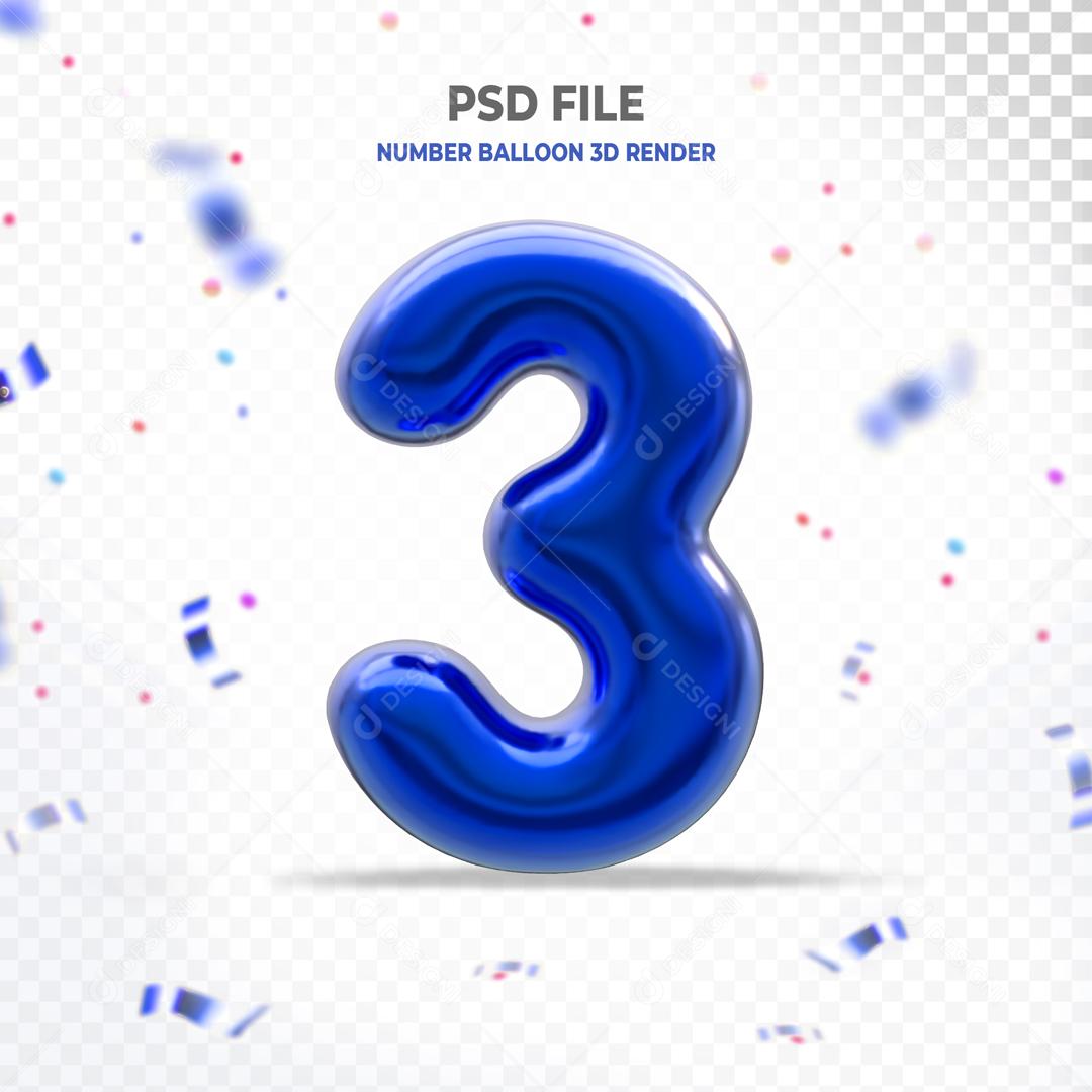 Número 3D 3 Azul Para Composição PSD