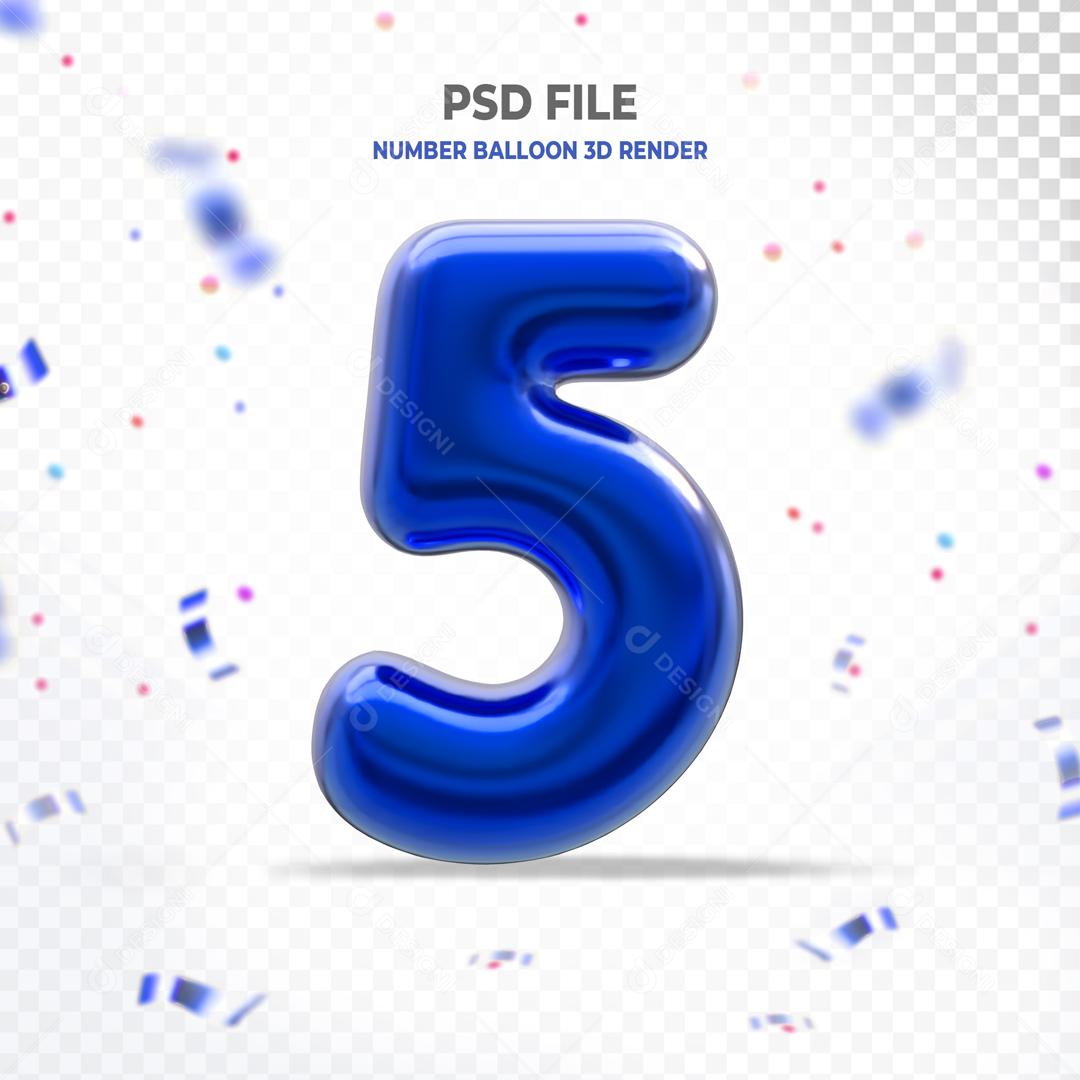 Número 3D 5 Azul Para Composição PSD