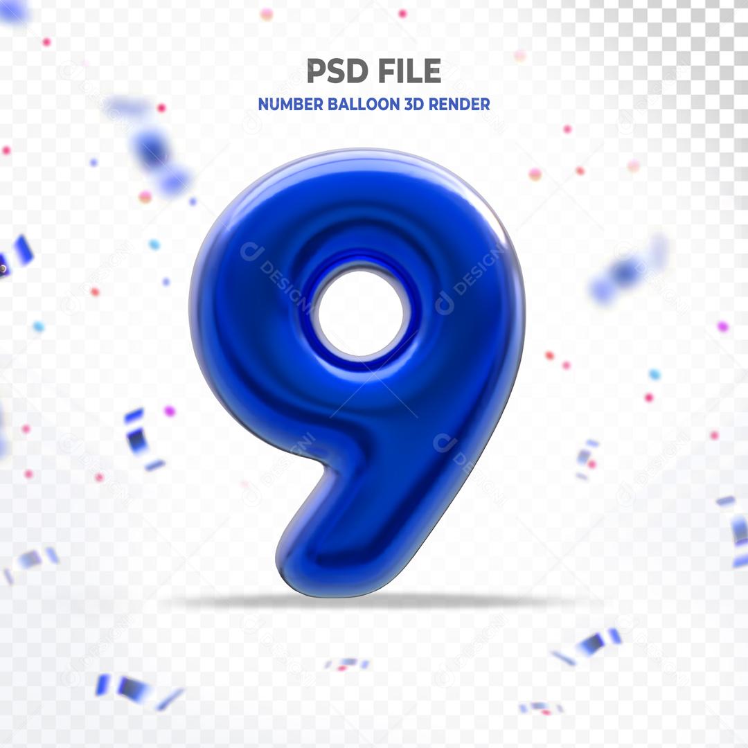 Número 3D 9 Azul Para Composição PSD