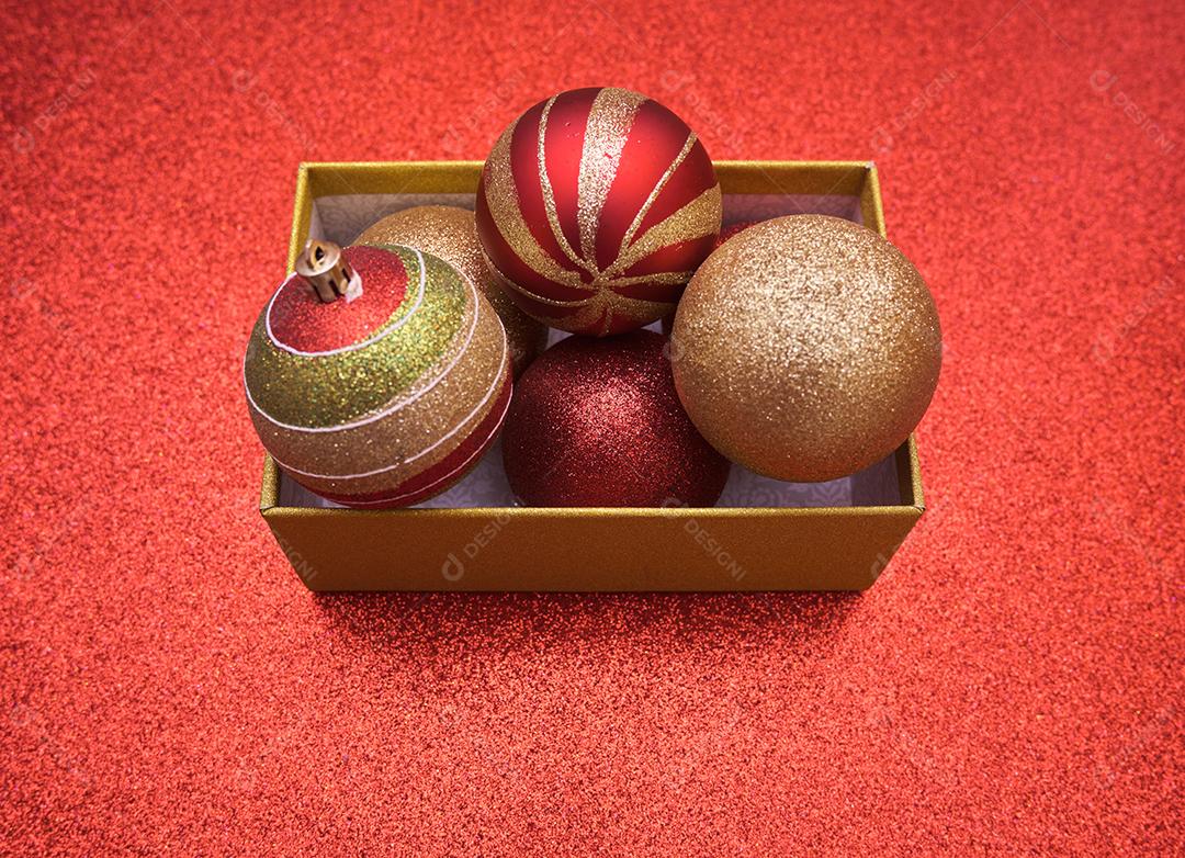 Top view of Christmas gift box with Christmas balls inside