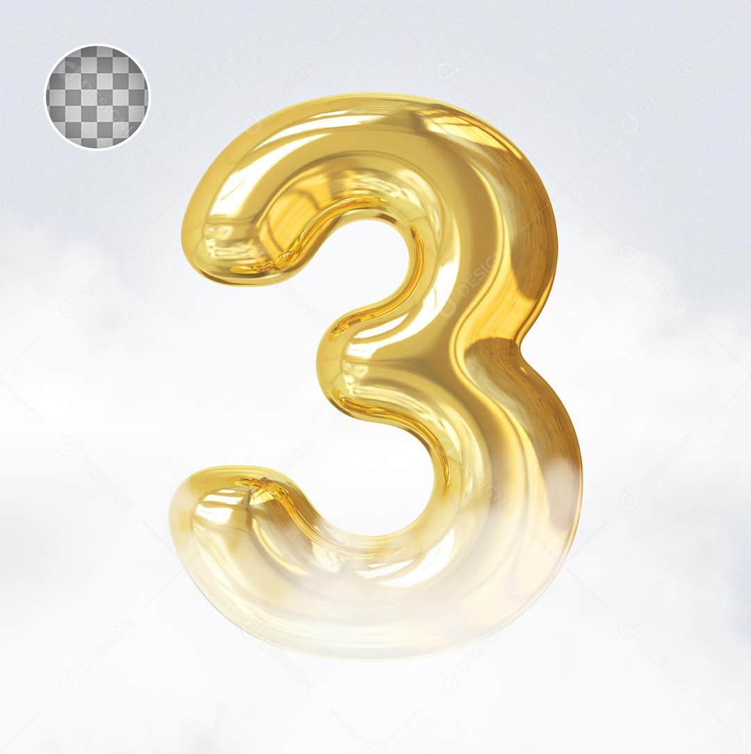 Número 3 Elemento 3D Dourado Para Composição PSD