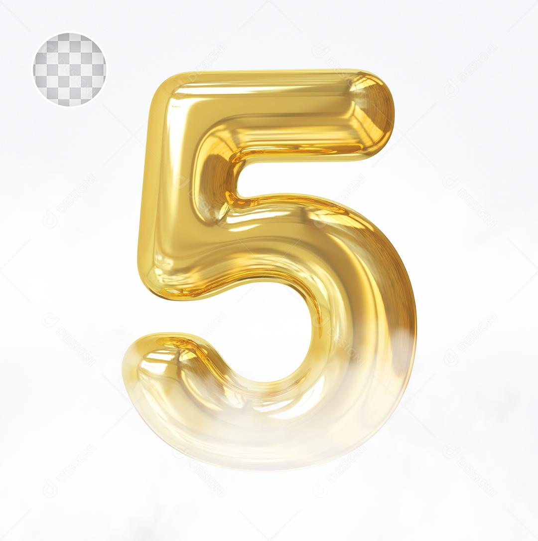 Número 5 Elemento 3D Dourado Para Composição PSD