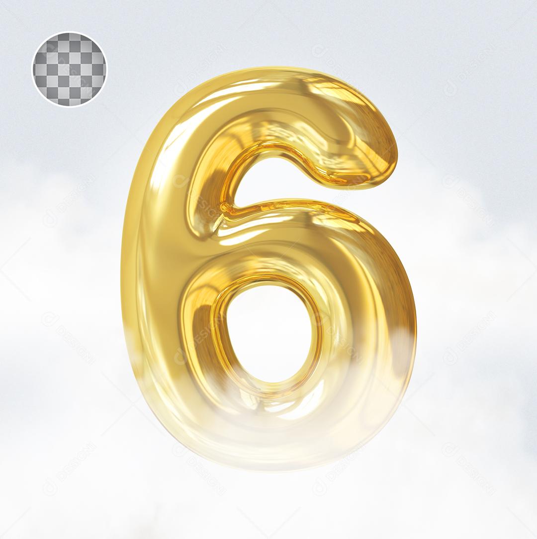 Número 6 Elemento 3D Dourado Para Composição PSD