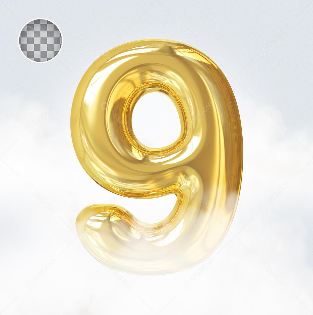 Número 9 Elemento 3D Dourado Para Composição PSD