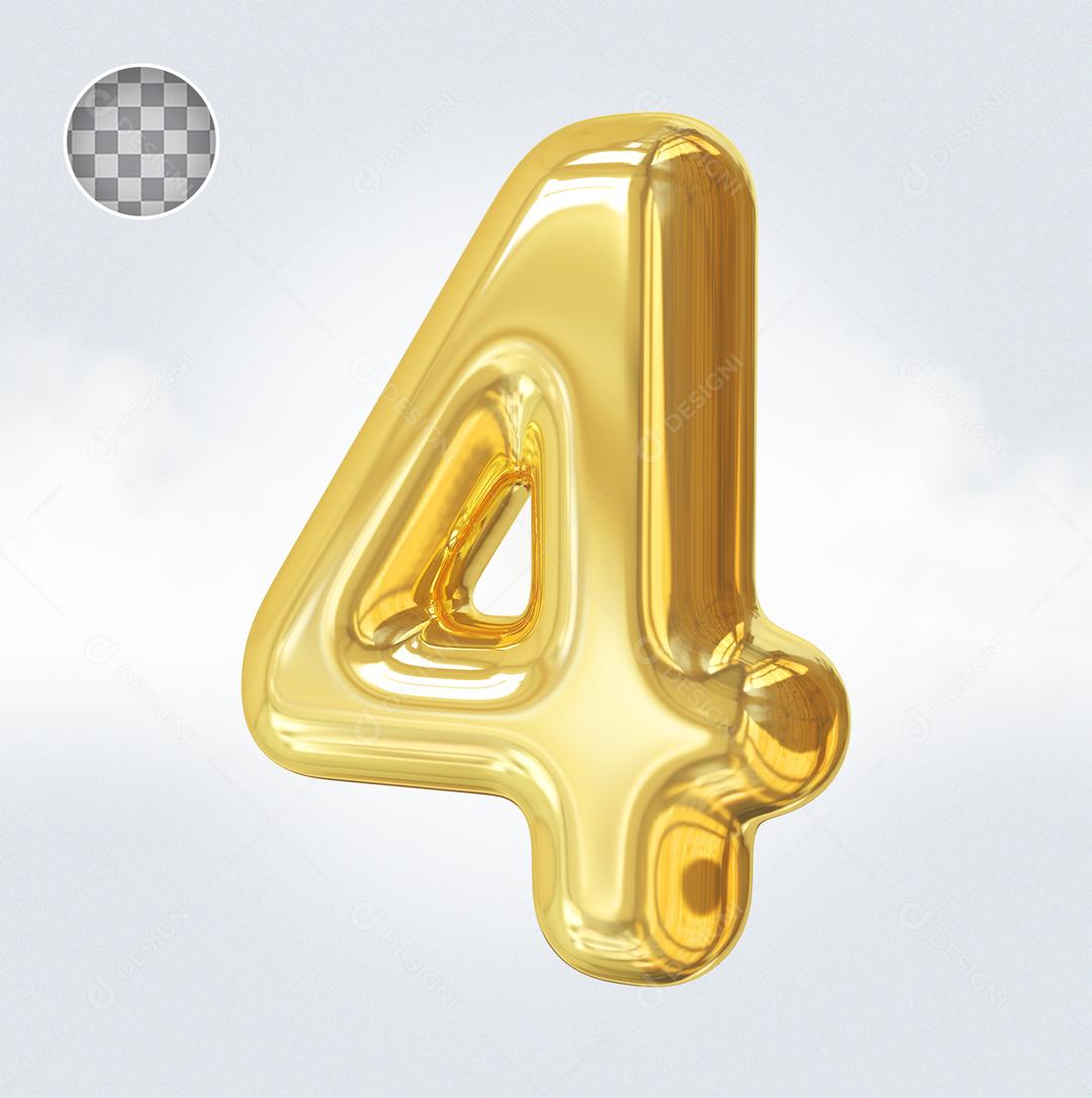 Número 4 Elemento 3D Dourado Para Composição PSD
