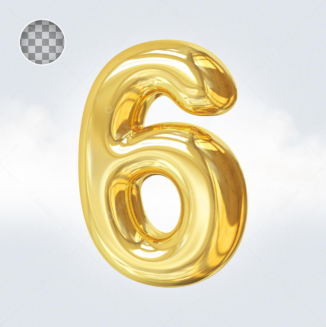Número 6 Elemento 3D Dourado Para Composição PSD
