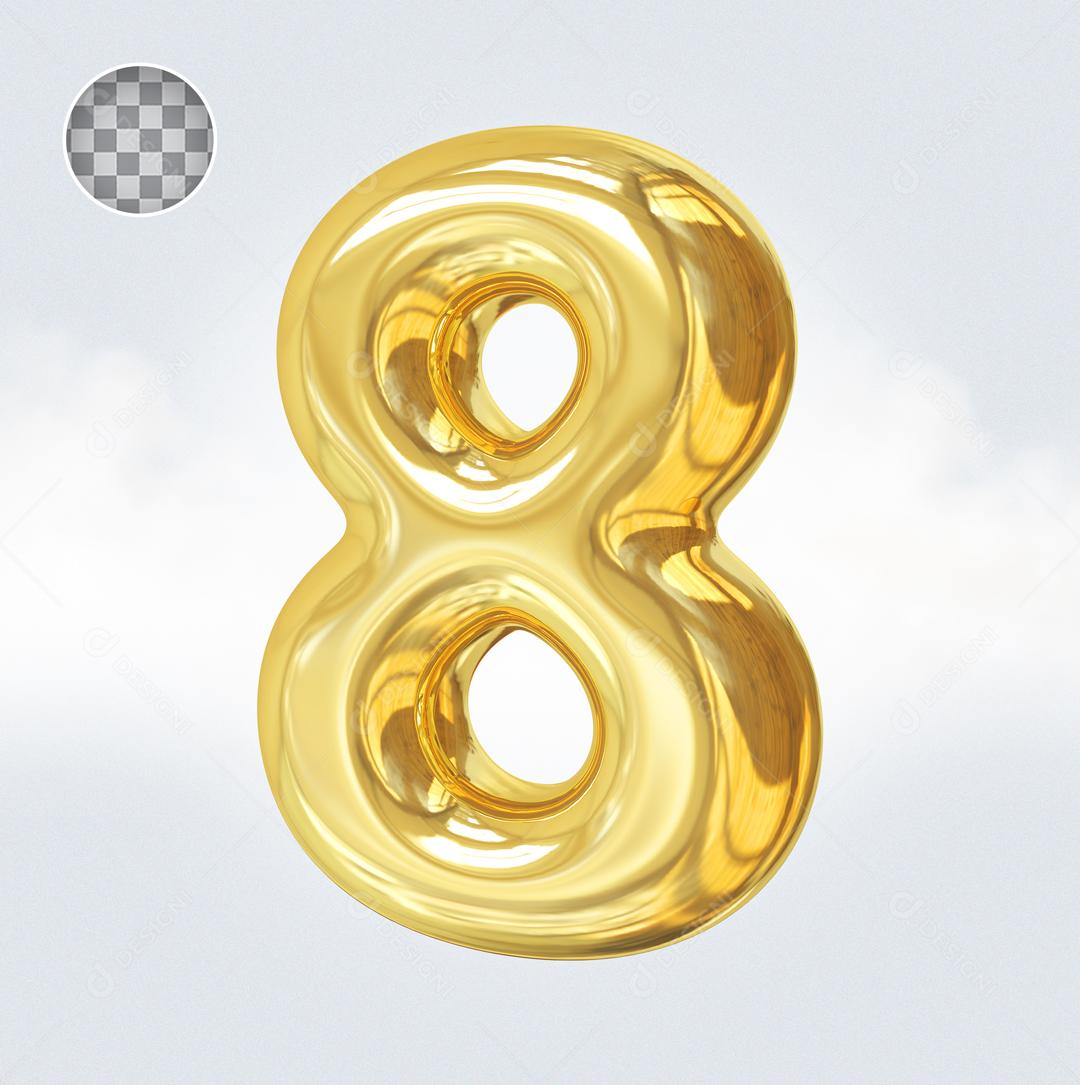 Número 8 Elemento 3D Dourado Para Composição PSD