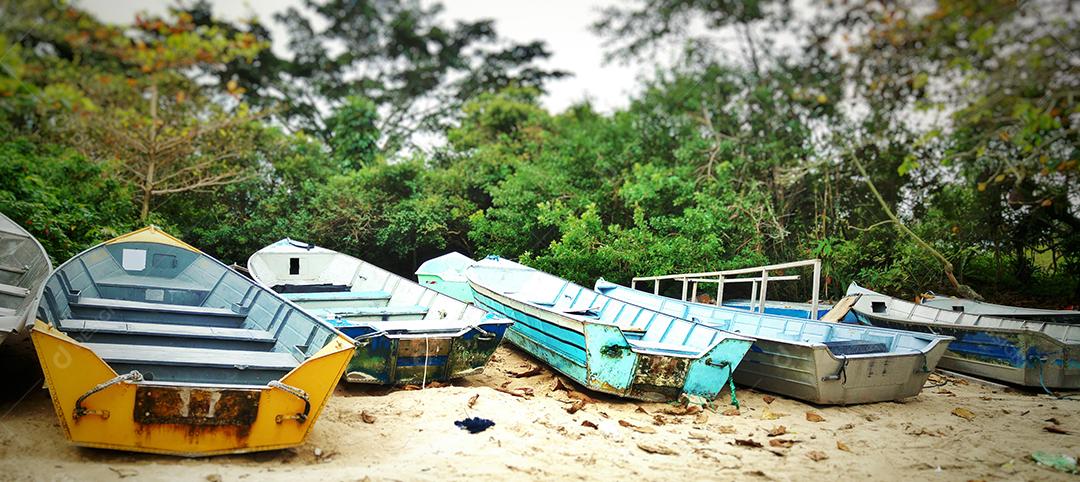 Conjunto de barcos de pesca na areia da praia.