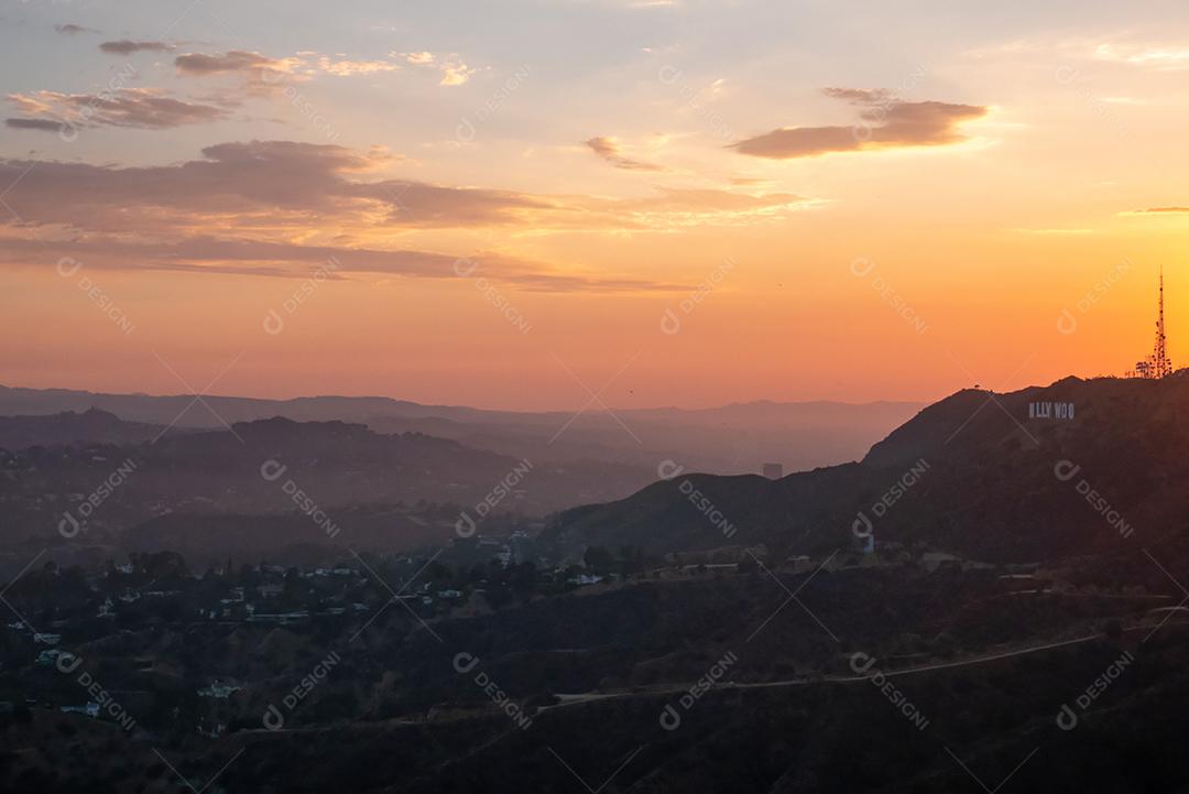 Beautiful view of the Hollywood Hills in summer at sunset.