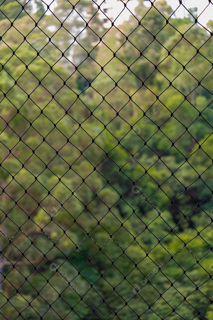 Vista da rede de proteção com uma floresta ao fundo