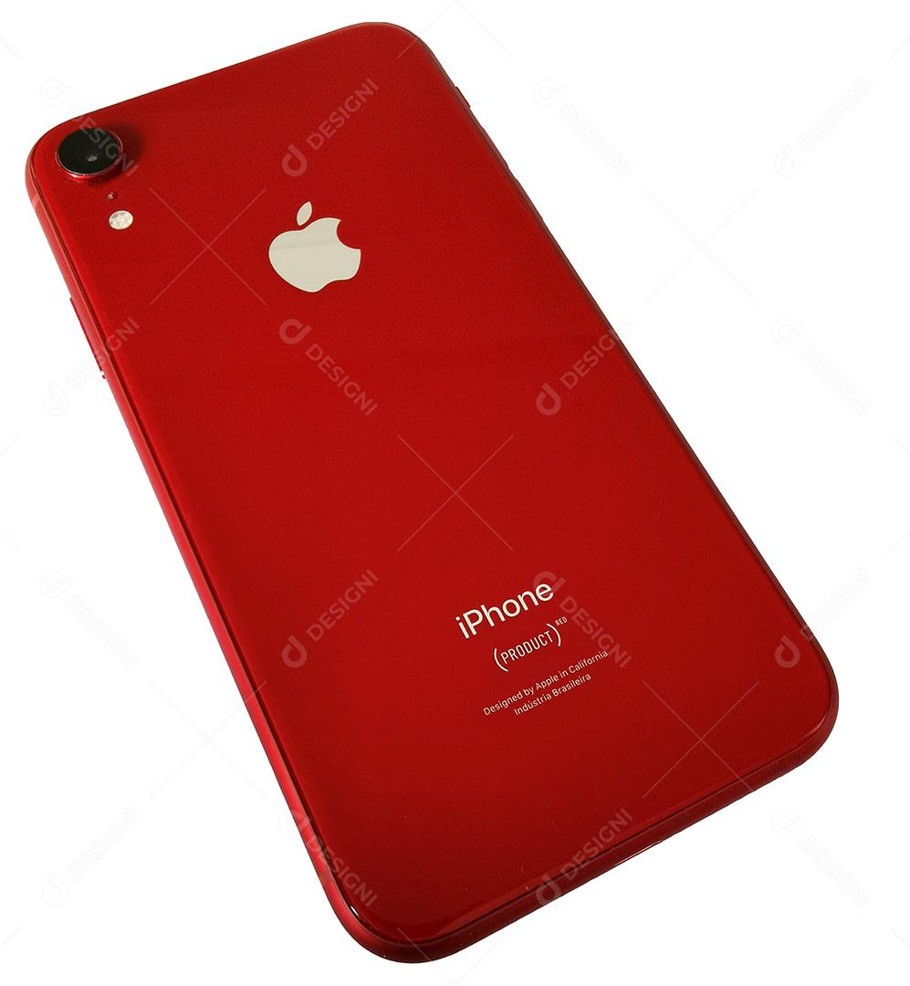 Vista do smartphone iPhone XR vermelho.
