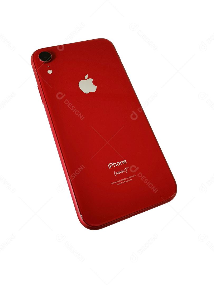 Vista do smartphone iPhone XR vermelho.