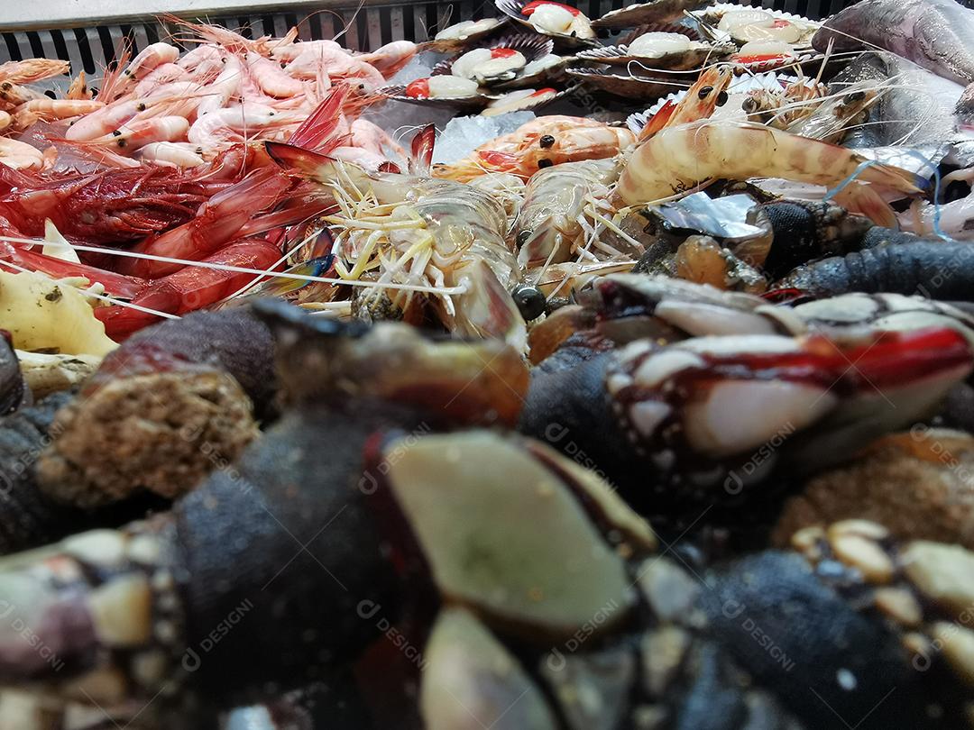 Quadro completo de diferentes tipos de frutos do mar.