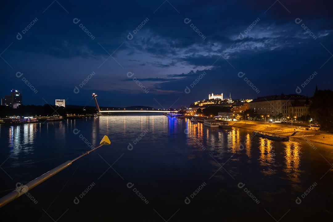 View of the Danube river in Bratislava at night.