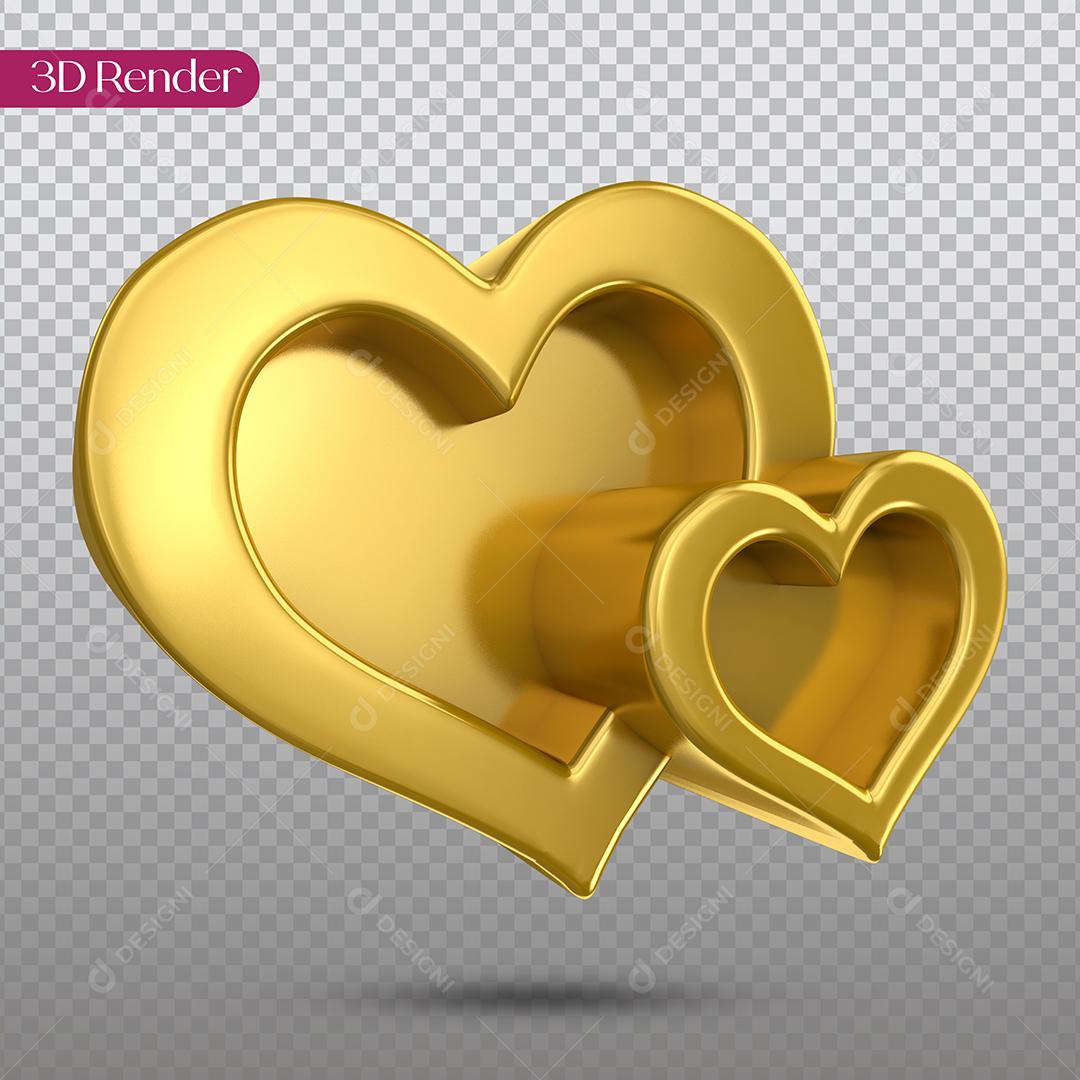 Corações Dourado Elemento 3D Para Composição PSD