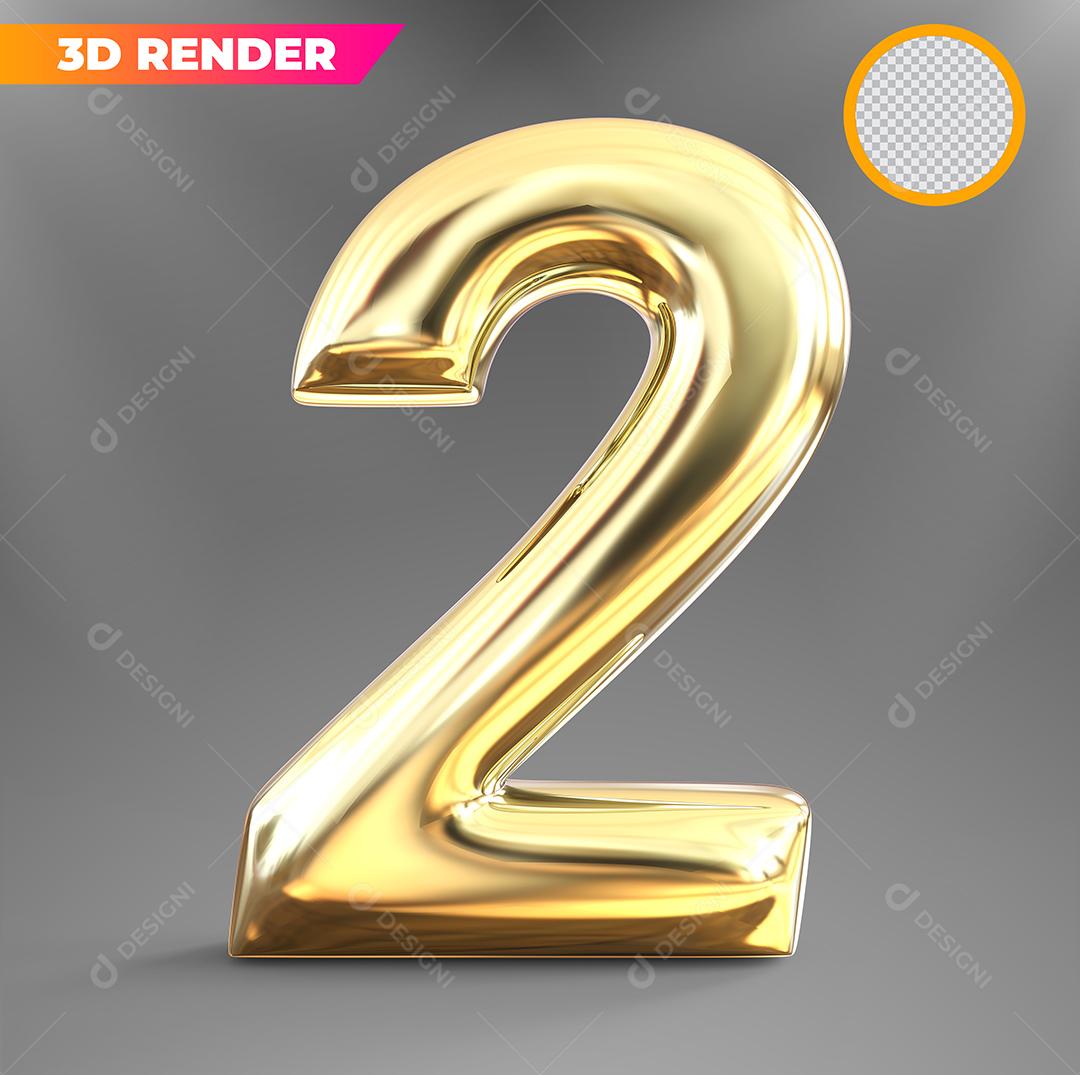 Número 2 Dourado Elemento 3D PSD