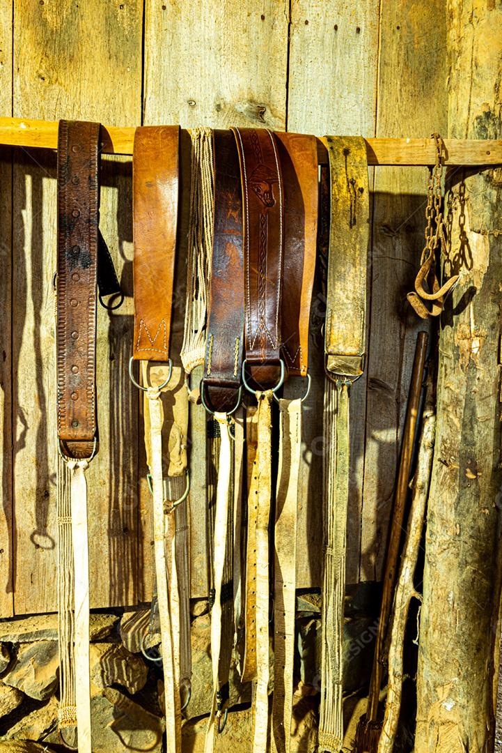 Vários acessórios para passeios a cavalo, como estribos,