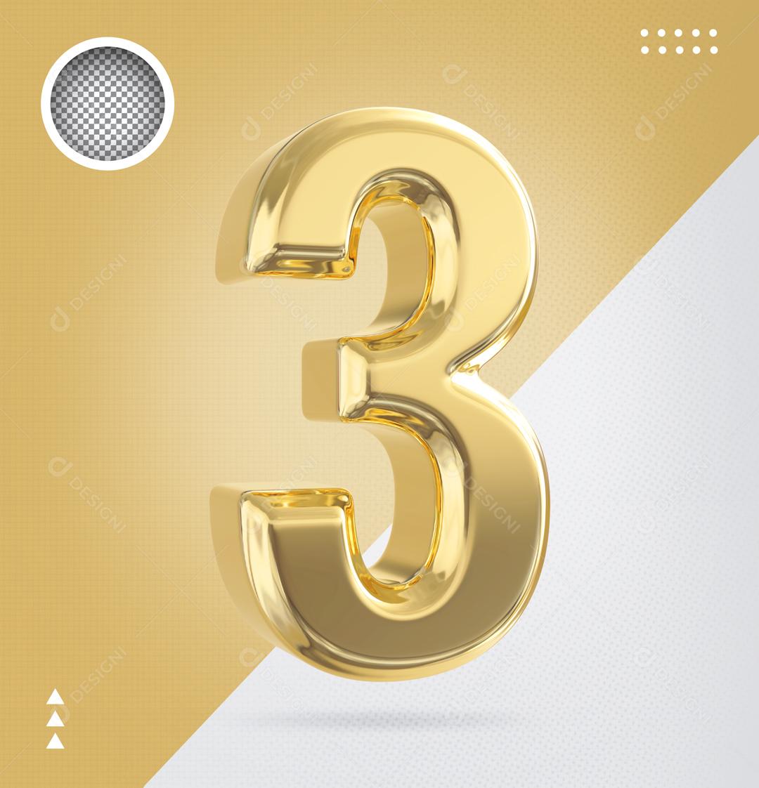 Número 3D 3 Dourado Para Composição PSD