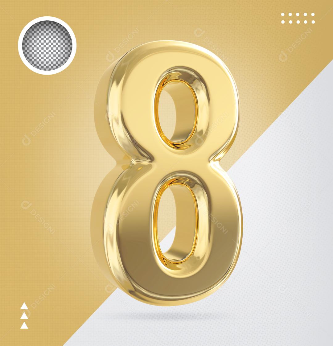 Número 3D 8 Dourado Para Composição PSD