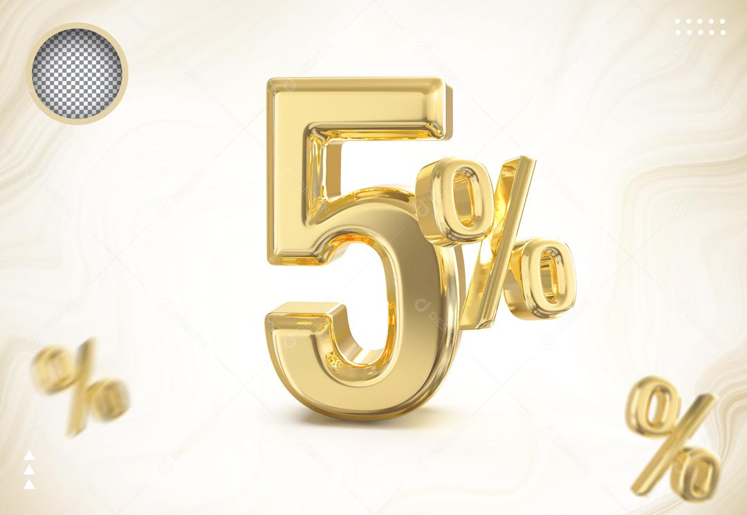Número 5% Dourado Elemento 3D Para Composição PSD