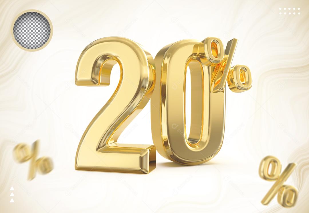 Número 20% Dourado Elemento 3D Para Composição PSD