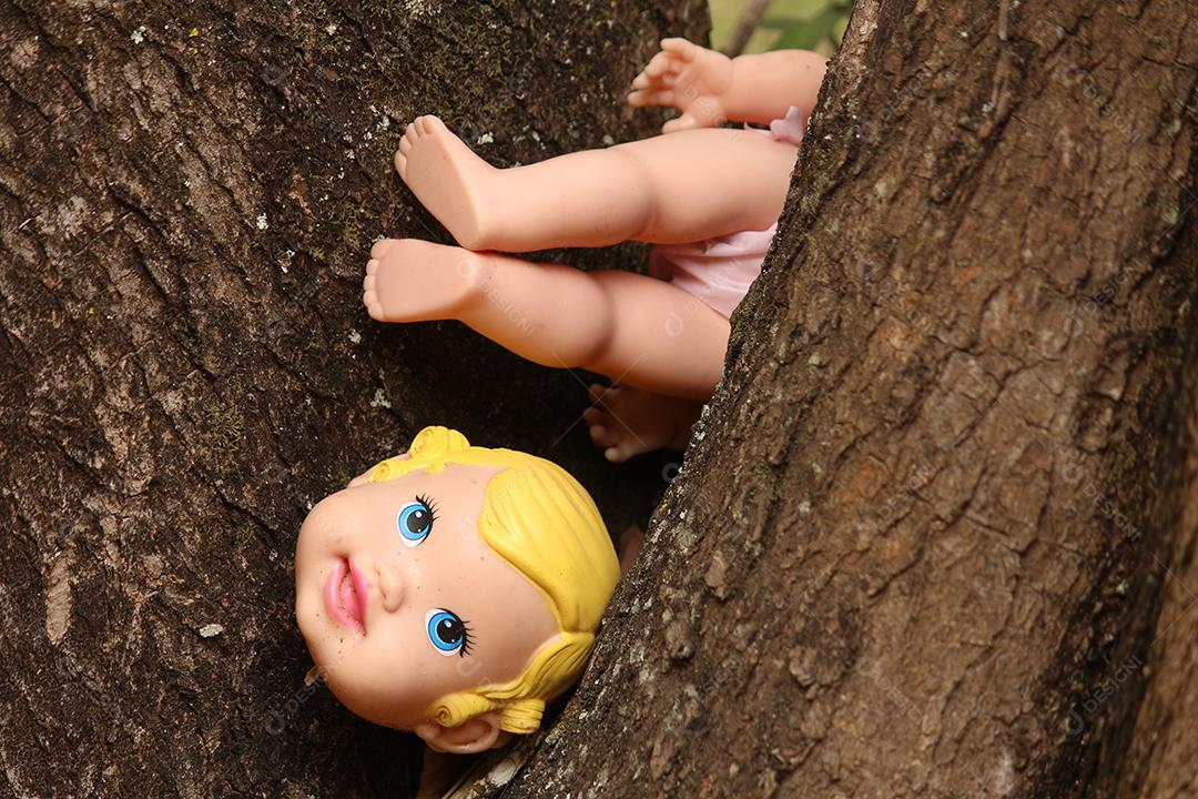 Cabeça de boneca quebrada sobre folhas floresta