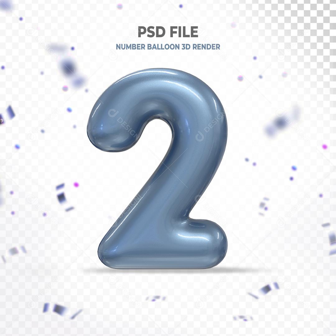 Balão 3D de Número 2 Azul Elemento Para Composição PSD
