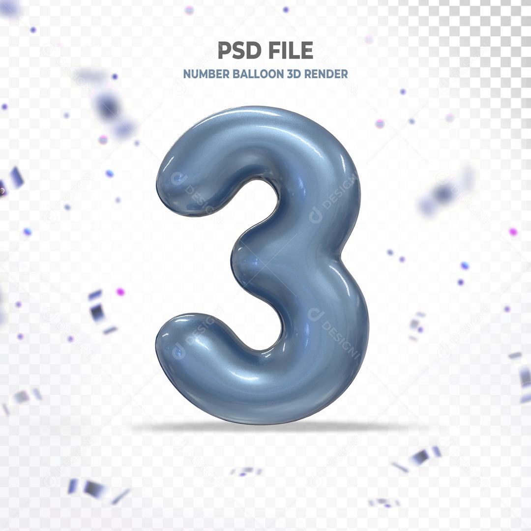 Balão 3D de Número 3 Azul Elemento Para Composição PSD