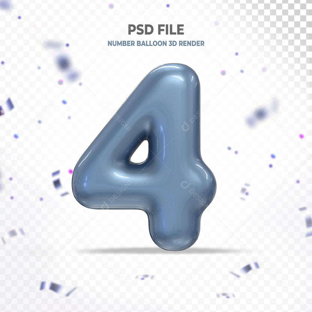 Balão 3D de Número 4 Azul Elemento Para Composição PSD
