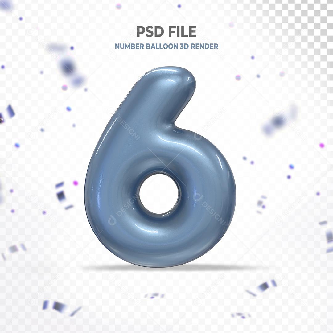 Balão 3D de Número 6 Azul Elemento Para Composição PSD