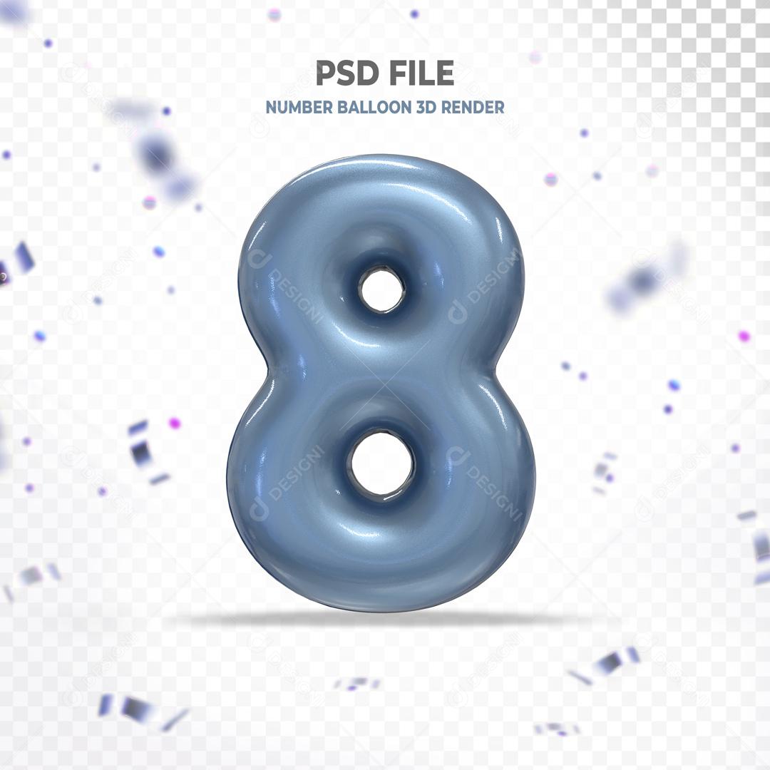 Balão 3D de Número 8 Azul Elemento Para Composição PSD