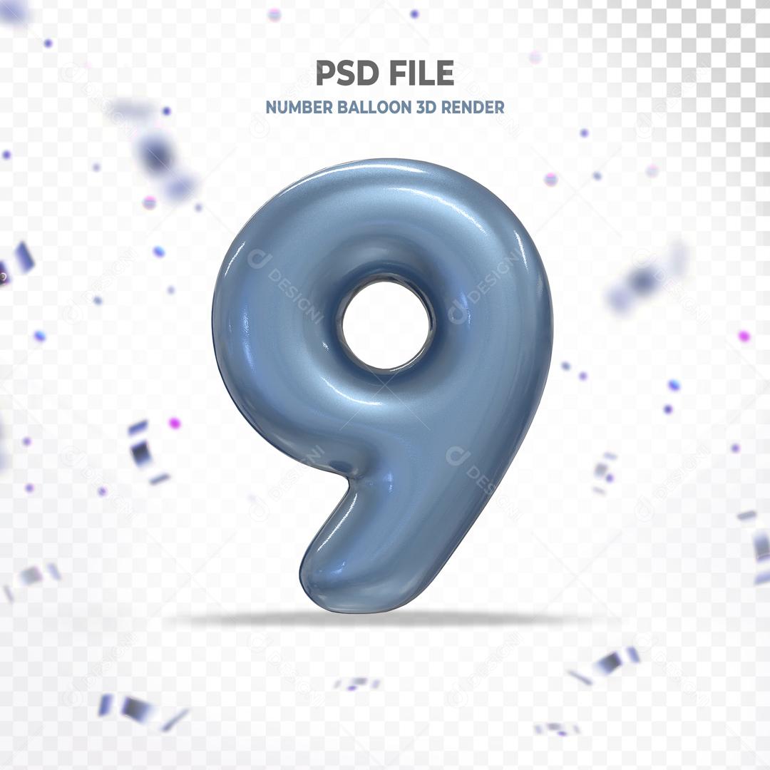 Balão 3D de Número 9 Azul Elemento Para Composição PSD
