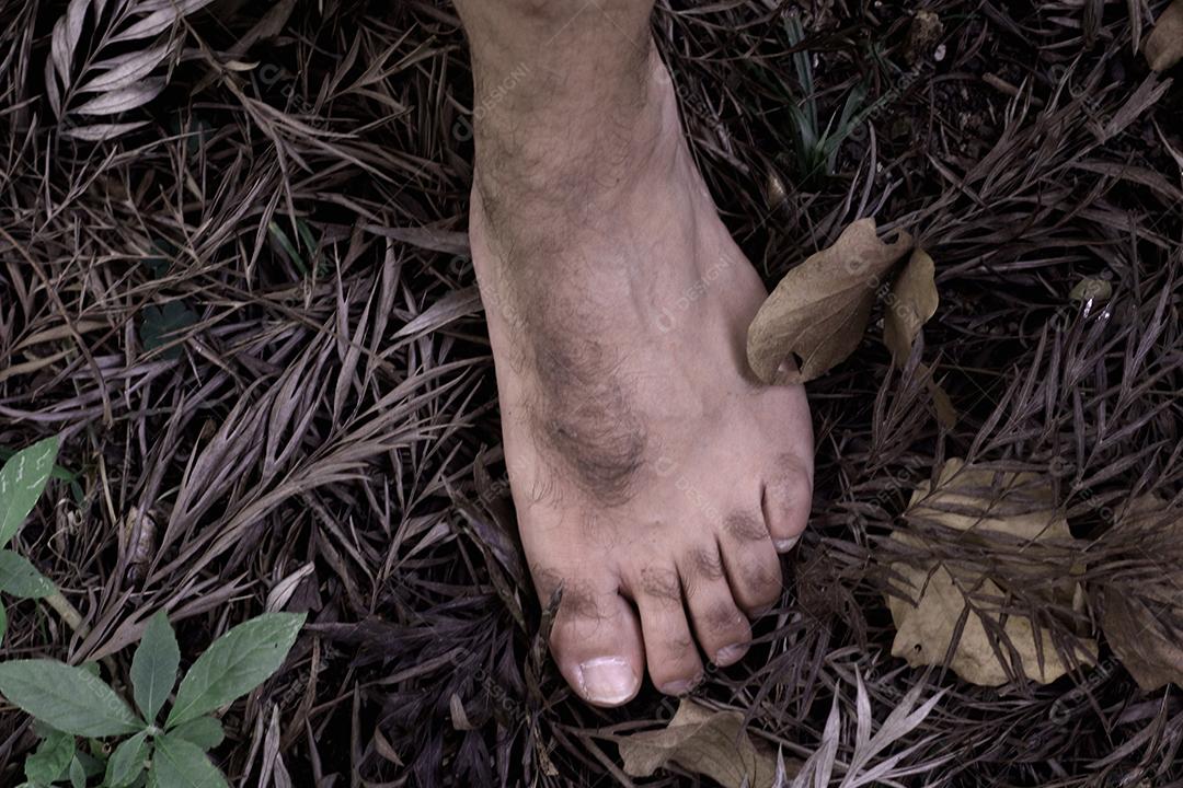 Pés de pessoas pisando sobre floresta folha secas