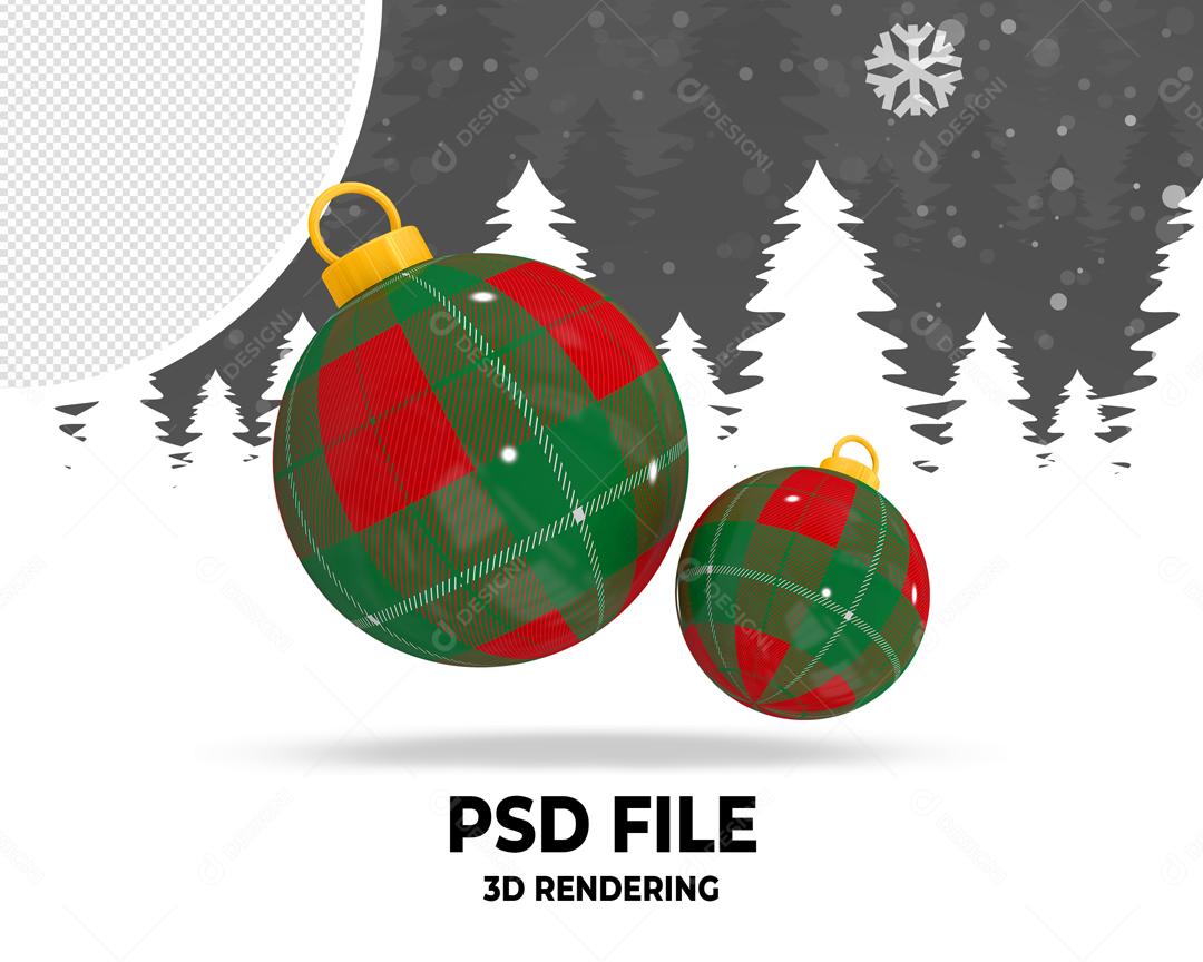 Bolas Decorativas de Natal Vermelha com Verde Elemento 3D Para Composição PSD