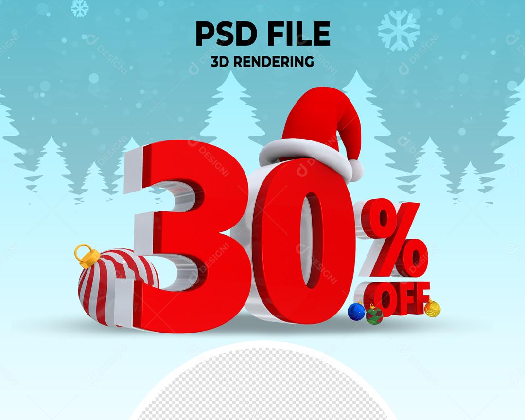 Número 30% Off de Natal Elemento 3D Para Composição PSD