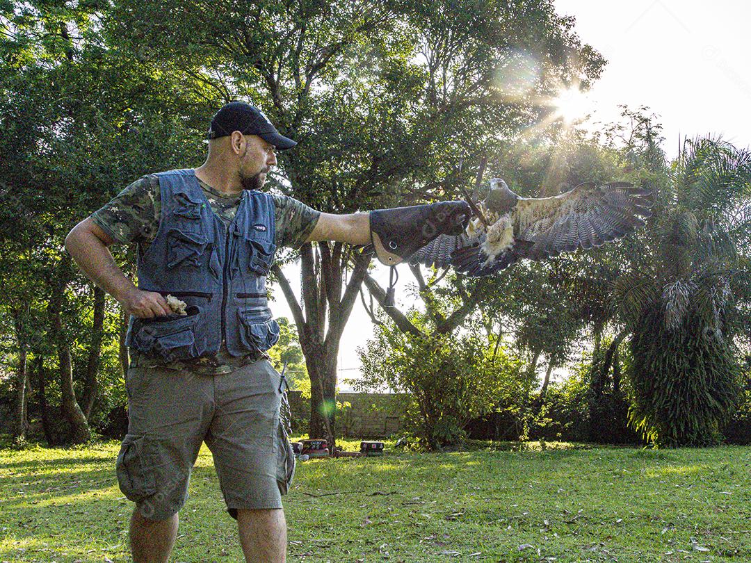 Homem segurando gavião sobre gramado