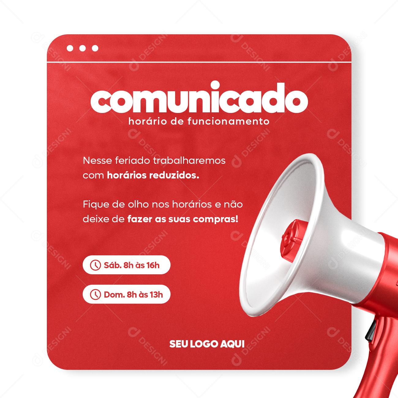 Comunicado Horário De Funcionamento Social Media PSD Editável