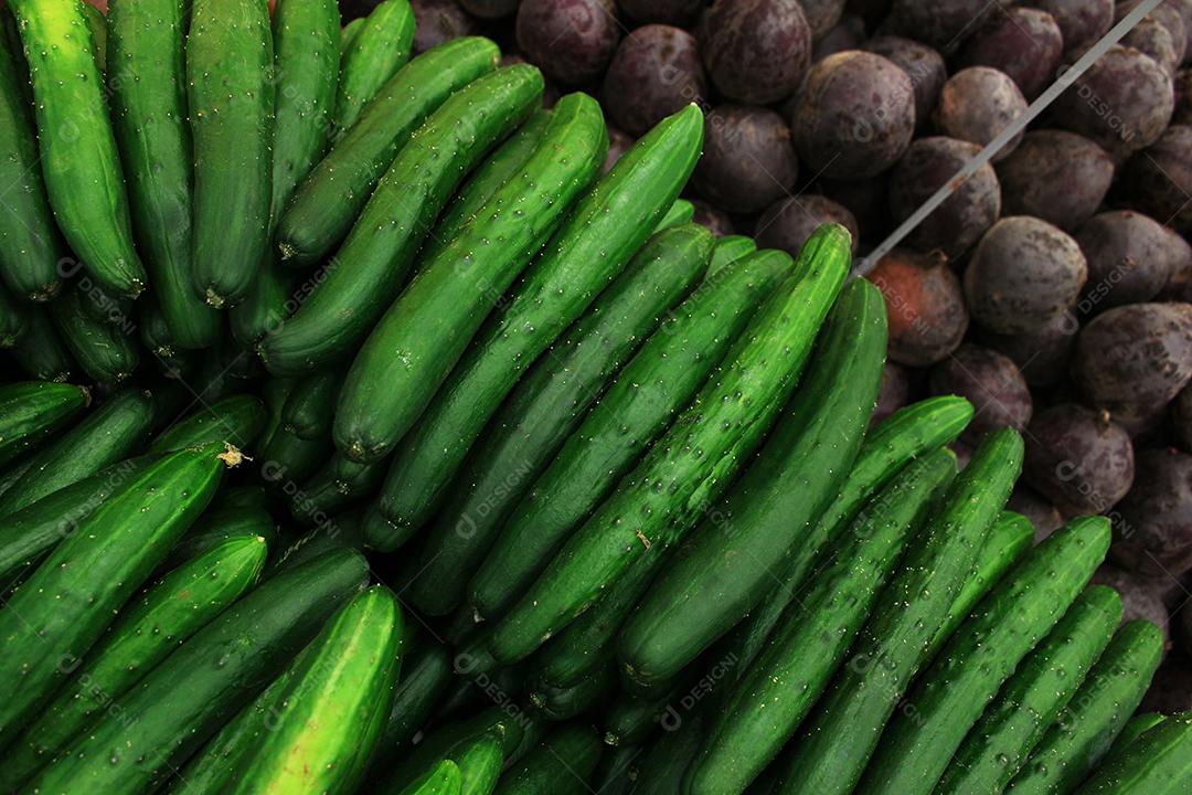 Pepino verduras empilhados sobre pratileiras vendas feirantes feiras