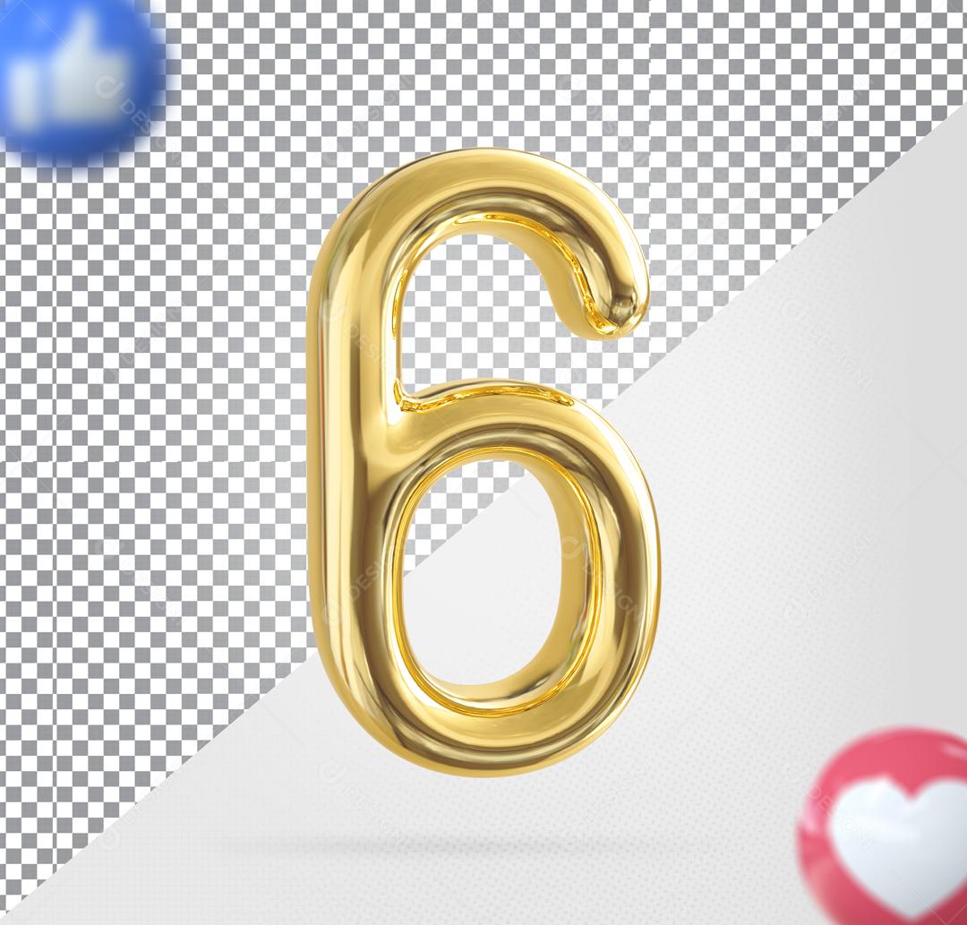 Número 6 Dourado Elemento 3D Para Composição PSD