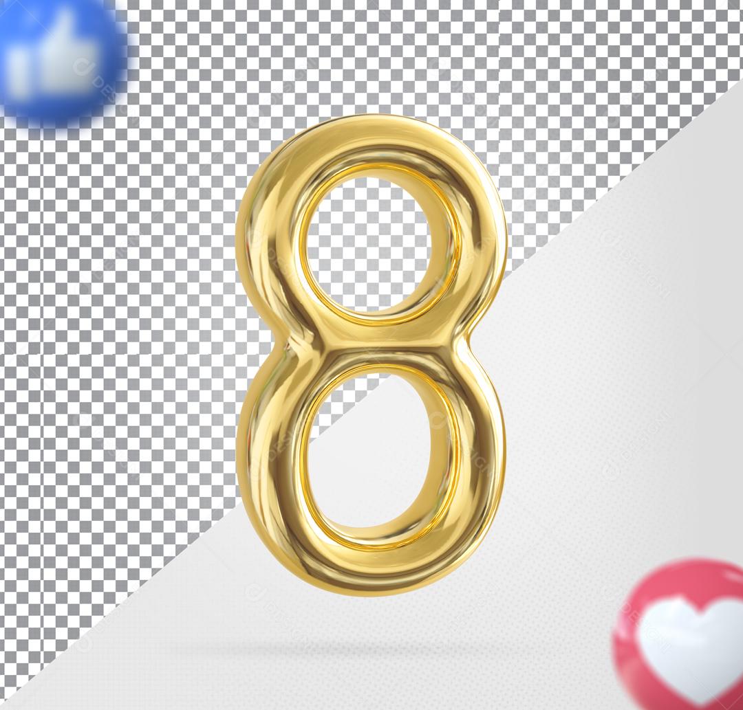 Número 8 Dourado Elemento 3D Para Composição PSD